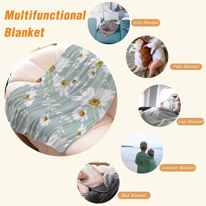 YeeJu Daisy Decorative Throw Blanket Twin Size White Floral for Couch Sofa Bed - Soft Cozy Lightweight Fuzzy Fleece - Sunshine Spring Summer Flower Gift 60x80