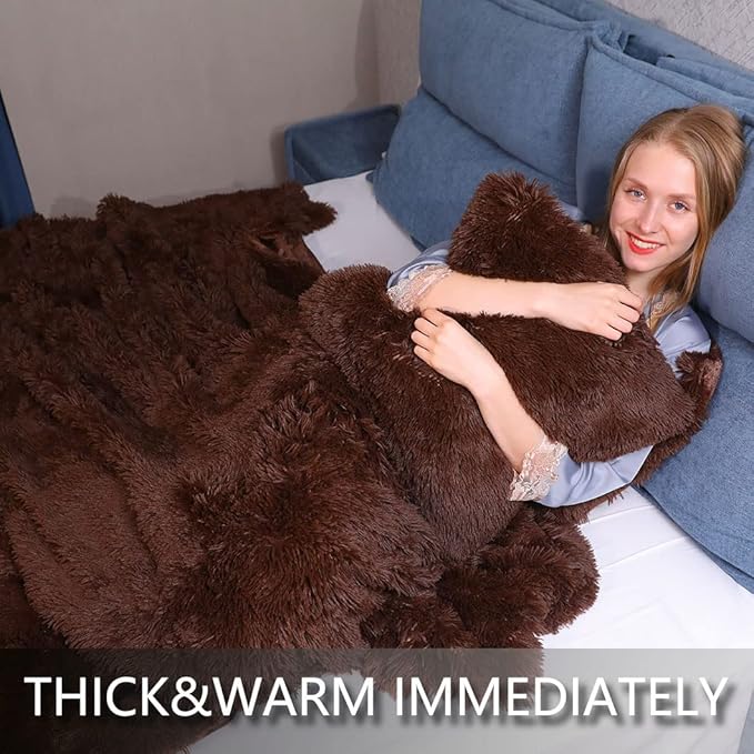 YUSOKI Long Faux Fur Throw Blanket for Sofa Couch,2 Layers,2.1lb,All Ages,Home Decoration, (Brown,50" x 60")