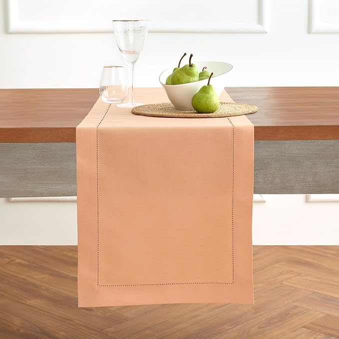 Solino Home Cotton Linen Table Runner 90 Inches Long - Hemstitch Peach Bloom Dining Table Runner 14 x 90 Inch for Summer