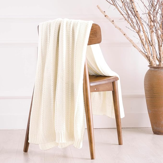 RECYCO Cable Knit Cream White Throw Blanket for Couch, Super Soft Warm Cozy Decorative Knitted Throw Blanket 2.3LB for Bed, Sofa, Chair 50"x60"