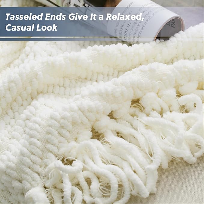 Bedsure Cream Throw Blankets for Couch - Textured Chunky Knit Woven Chenille Blanket - Super Soft, Warm Decorative Boho Throw with Tassels for Bed, Sofa and Living Room Decor, Ivory, 50x60 Inches