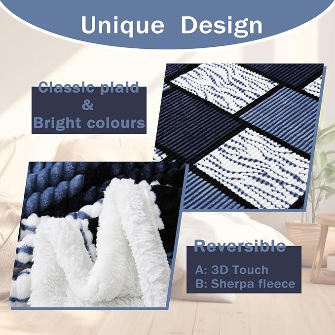 PU MEI Sherpa Blanket Fleece Throw Blanket Queen Plaid Thick Bed Blanket, Soft Warm Cozy Throw Blanket, 80”*90” Zebra-Blue