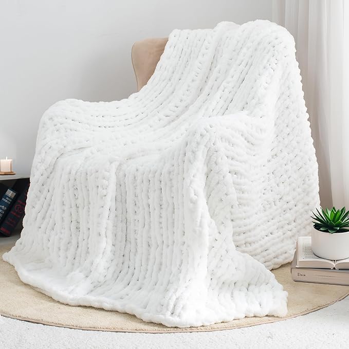 Chunky Knit Throw Blanket 50"X 60", 100% Handmade with Soft Chenille Yarn, 4.4lbs Thick Cable Knitted Blankets, Large Rope Knot Crochet Throws for Couch Sofa Bed Home Decor, Snow White