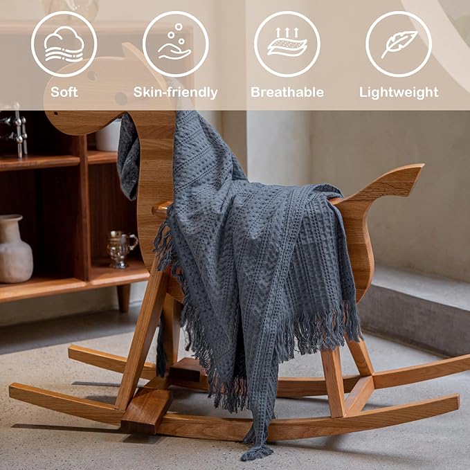 100% Cotton Waffle Blanket with Fringe, Pre-Washed Waffle Weave Blanket for All Season, Lightweight Breathable Soft Cozy Throw Blanket for Couch, Bed, Travel (Blue - 50x60 Inches)