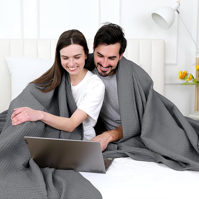 PHF Pre-Washed Cotton Waffle Weave Blanket Queen Size for Bed,Snag Proof Throw Blanket for Couch Spring Summer Lightweight Breathable,Oeko-TEX Certified,Machine Washable, Home Decor Gift,Charcoal