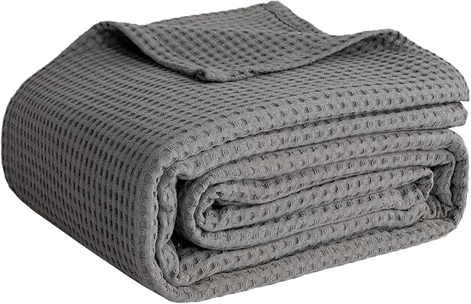 100% Cotton Blankets King Size for Bed - Waffle Weave Blankets for Summer, Lightweight and Breathable Soft Woven Blanket for Spring, (Light Grey, King (90" x 108"))