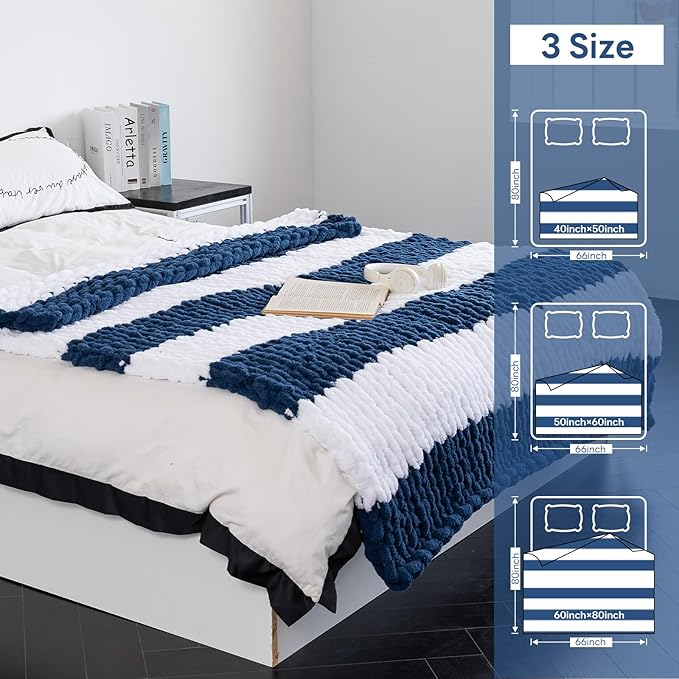 Chunky Knit Blanket - Luxury Soft Cozy Queen Size(50 * 60) Throw Blanket,100% Woven Blanket Rope Knot Throw Blanket for Couch, Sofa, Home Decor, Gift - Machine Washable(White/Deep Blue)