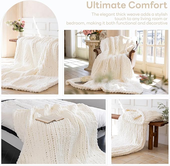 Chunky Knit Blanket - Luxury Soft Cozy King Size(60 * 80) Throw Blanket,100% Woven Blanket Rope Knot Throw Blanket for Couch, Sofa, Home Decor, Gift - Machine Washable(Milk White)