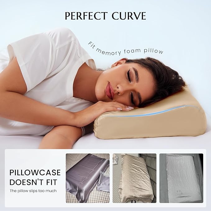 THXSILK 19 Momme 100% Mulberry Silk Pillowcase for Contour Memory Foam Pillow, Contour Pillow Case Cover, Cervical Pillow Case, Pack of 1(Champagne, 24"x14"x4.7"/3.9")