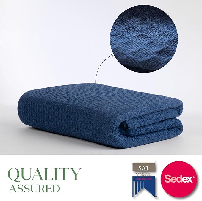 100% Cotton Salt Earth Throw Blanket, King, 106"X92" Waffle Throws For Home, Bedrooms, Outdoor Couch & Office Couch, Modern & Cozy Bed Room Decor Blankets,Lightweight All Season Western Blanket (Navy)