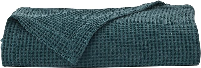 100% Cotton King Size Bed Blanket - Blue Waffle Weave Lightweight Summer Layering Blanket - 102x90in Prewashed, Breathable, Woven (King, Peacock)