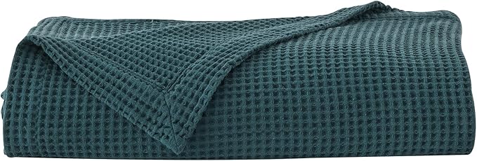 100% Cotton Waffle Weave Throw Blanket - Blue Waffle Weave Lightweight Summer Throw Blanket - 50x60in Prewashed Breathable, Woven Throw for Couch, Bed or Office (Peacock)