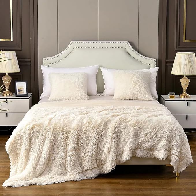 YUSOKI Cream White Queen Faux Fur Blanket,2 Layers,90"x90" Without Pillows Big Soft Plush Fuzzy Large Warm Fluffy Throw Blanket for Bed
