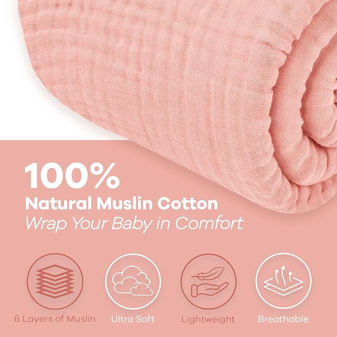 Comfy Cubs Muslin Blanket for Adults Twin 90" x 66" - 6 Layer Soft, Breathable & Lightweight Muslin Adult Blanket - Machine Washable & Designed in The US Bedding for All Seasons - Lace Pink
