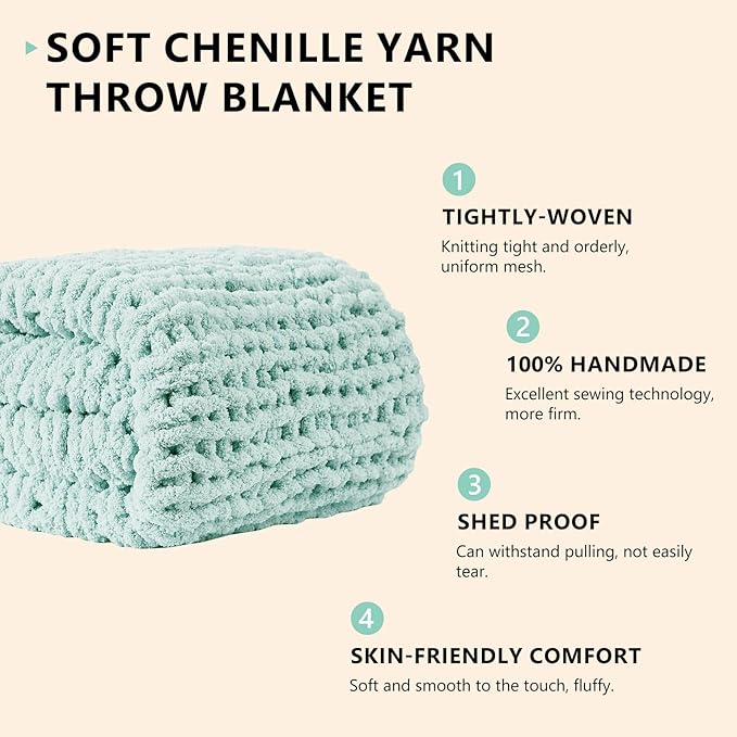 L'AGRATY Chunky Knit Blanket Throw: 50''x60'' Chenille Chunky Knitted Throw Blanket for Bed Couch - Handmade Thick Big Cable Knit Blanket - Large Crochet Rope Blanket for Home Decor(Mint Green)