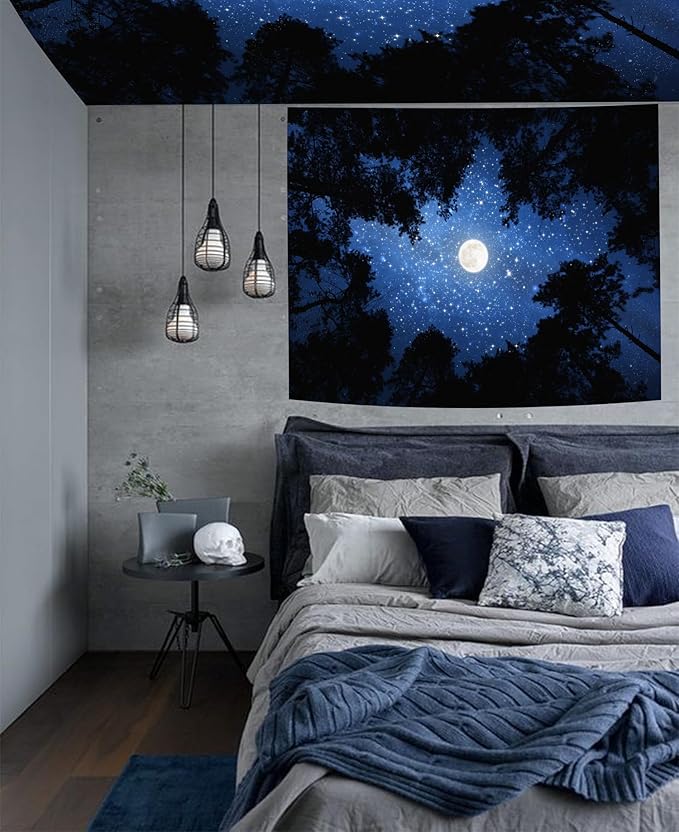 TUGCAY Forest Galaxy Starry Tapestry Blue Space Night Sky Stars Moon Ceiling Tapestry Nature Trees Tapestries Aesthetic Wall Hanging for Bedroom Dorm Living Room Office Decor 60x50 Inch