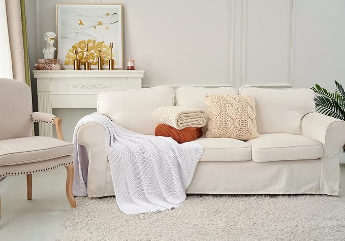 Longhui bedding Chunky Cable Knit Throw Blanket Lightweight White 100% Organic Cotton Blanket for Sofa Couch Bed Baby Nursery, Rustic Shabby Chic Modern Farmhouse, 60” x 80” Give Laundering Bag
