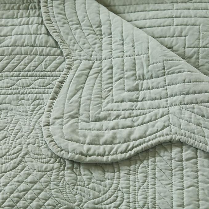 Madison Park Cotton Filled Spread, Ultra Soft, Cozy Living Room Couch, Sofa, Bed Luxe Quilted Throw Blanket-Damask Stitching Design, 60x72, Scalloped Edges Seafoam