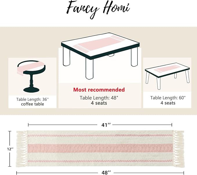 Fancy Homi Pink Table Runner 48 Inches Long Boho Macrame Table Runner for Home Decor, Farmhouse Table Runners with Tassels for Party Bohemian Rustic Bridal Shower Dining Decor 12x48 Inches