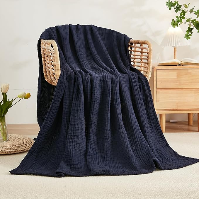 EMME Cotton Throw Blanket for Couch Soft Muslin Blankets 50"x60" Lightweight Breathable Blanket All Season Gauze Blanket, Navy