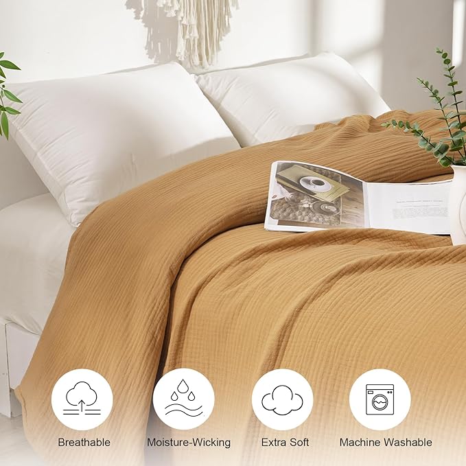 PHF 100% Cotton Muslin Blanket King Size 108" x 90", 4-Layer Lightweight and Breathable Blanket for Summer, Luxuriously Soft Gauze Bedding for Bed, Natural Minimalism Style, Ideal Gift, Honey Yellow