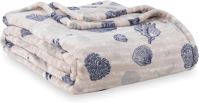 Berkshire Blanket-Classic Heavyweight Soft Printed VelvetLoft® Plush Throw Blanket, Cozy and Fuzzy, Classic Shells Navy, 50in x 70in