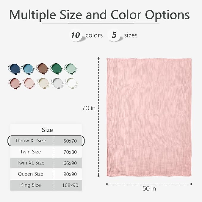 Carriediosa 100% Cotton Muslin Throw Blanket 50" X 70" Throw XL Size,4-Layers Summer Gauze Throws for Bed Couch,Soft Lightweight Breathable Linen Blankets Bedspread for Adults All Season,Dusty Pink