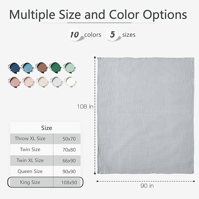 Carriediosa 100% Cotton Muslin Throw Blanket 108" X 90" King Size,4-Layers Summer Gauze Throws for Bed Couch,Soft Lightweight Breathable Linen Blankets Bedspread for Adults All Season,Grey