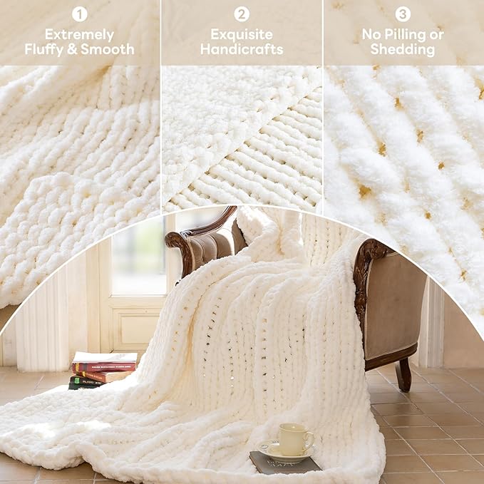 Chunky Knit Blanket - Luxury Soft Cozy King Size(60 * 80) Throw Blanket,100% Woven Blanket Rope Knot Throw Blanket for Couch, Sofa, Home Decor, Gift - Machine Washable(Milk White)
