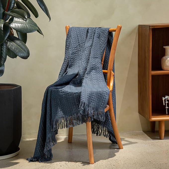 100% Cotton Waffle Blanket with Fringe, Pre-Washed Waffle Weave Blanket for All Season, Lightweight Breathable Soft Cozy Throw Blanket for Couch, Bed, Travel (Blue - 66x90 Inches)