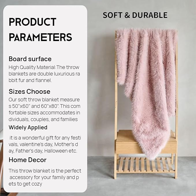 Luxury Fluffy Faux Fur Throw Blanket,Thick Fluffy Fuzzy Cozy Blanket,Plush Blankets for Couch, Sofa, Chair, Bed-Pink,50x60