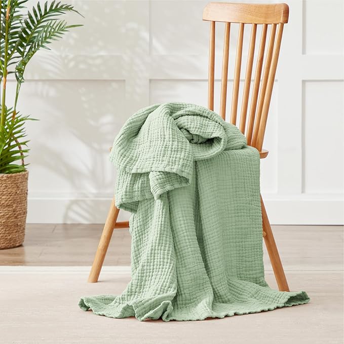 100% Cotton Muslin Blanket Large 50" x 70", 6 Layers Breathable and Lightweight Cotton Throw Blanket for Couch, Soft Quilt Bedspread, Gauze Blanket for Adults All Season, Sage Green