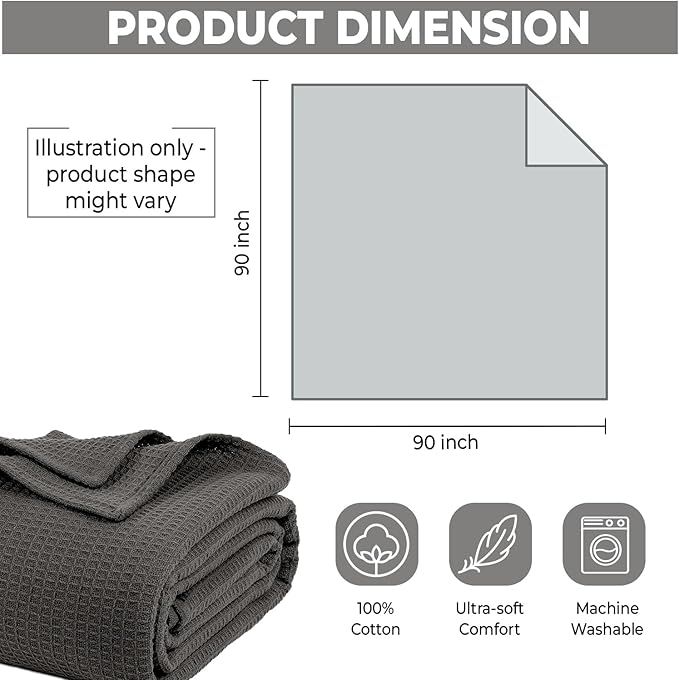100% Cotton Blankets Queen Size for Bed - Waffle Weave Blankets for Summer, Lightweight and Breathable Soft Woven Blanket for Spring, (Dark Grey, Queen (90" x 90"))
