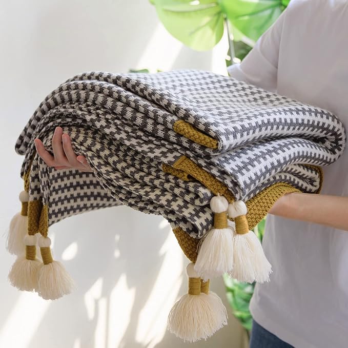 Grey Striped Throw Blanket with Tassels, Knitted Soft Boho Blanket for Couch, Sofa, Bed & Living Room - All Seasons (47.5x60 Inch)