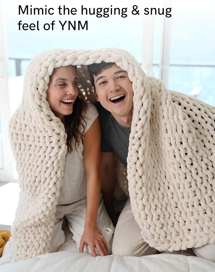 YnM Chunky Throw Blanket, Hand Knitted with Chenille Yarn, Skin Friendly, Ventilated and Breathable, Machine Washable, Home Décor Piece for Couch, Sofa and Bed (Butter Cream, 60x80 Inch)