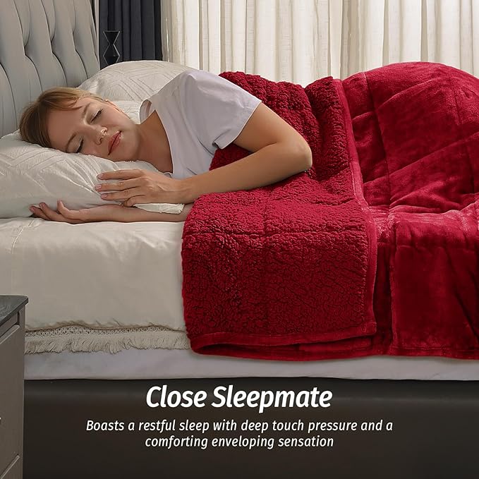 Wemore Sherpa Fleece Weighted Blanket for Adult, 15 lbs Dual Sided Cozy Fluffy Heavy Blanket, Ultra Fuzzy Throw Blanket with Soft Plush Flannel Top, 48 x 72 inches, Burgundy on Both Sides