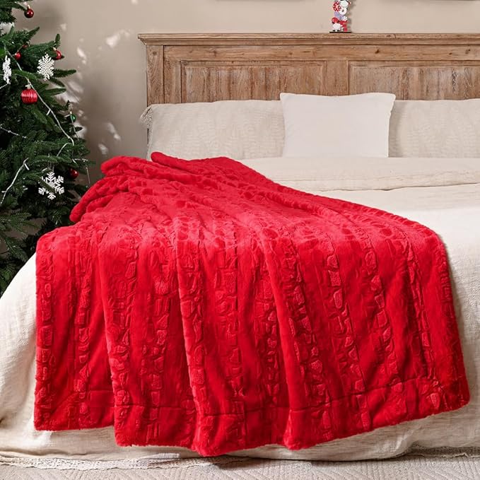 Krifey Oversized Faux Fur Blanket, Super Soft Cozy Blanket, Luxury Fluffy Throw Blanket Fuzzy Bed Throw, Plush Christmas Blanket Gift for Women, Red, 60" x 80"