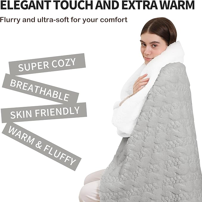 ESTINGO Faux Fur Electric Throw Blanket, Luxury Furry Throw Heated Blanket, 3D Leaf-Patterned Thick Rabbit Fux Fluffy Heating Blanket with 5 Heating Levels & 4 Hours Auto Off, 50" x 60" Light Gray
