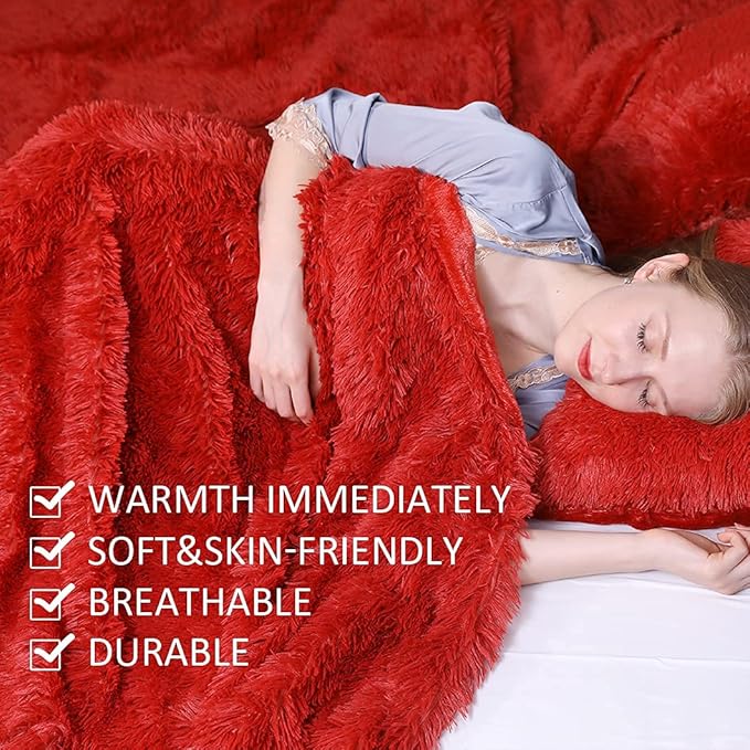 YUSOKI Twin Size Faux Fur Throw Winter Blanket,2 Layers,(Red,60" x 80"),Whithout Pillows,Plush Fuzzy Soft Cozy Comfy Bed Blanket for Women Kids Girls Couch Sofa
