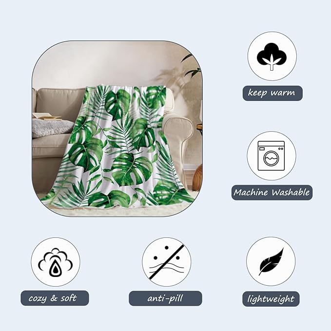 Neatee Living Tropical Leaf Large Throw Blanket Green Plant Blanket for Couch Sofa Bed Soft Cozy Fuzzy Plush Fleece Blankets Spring Summer Home Decoration Colorful Print Gift Blanket 50x70