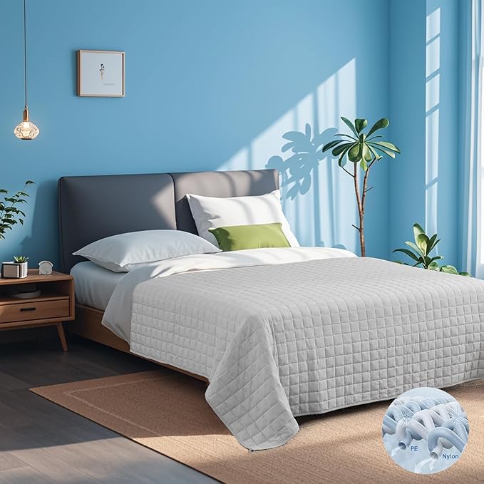 YnM Exclusive Cooling Weighted Blanket — Smallest Compartments Cooling Nylon/PE with Premium Glass Beads (Light Grey Quill, 88"x104" 25lbs) Suit for Two Persons of 110~190lbs, Use on Queen or King Bed