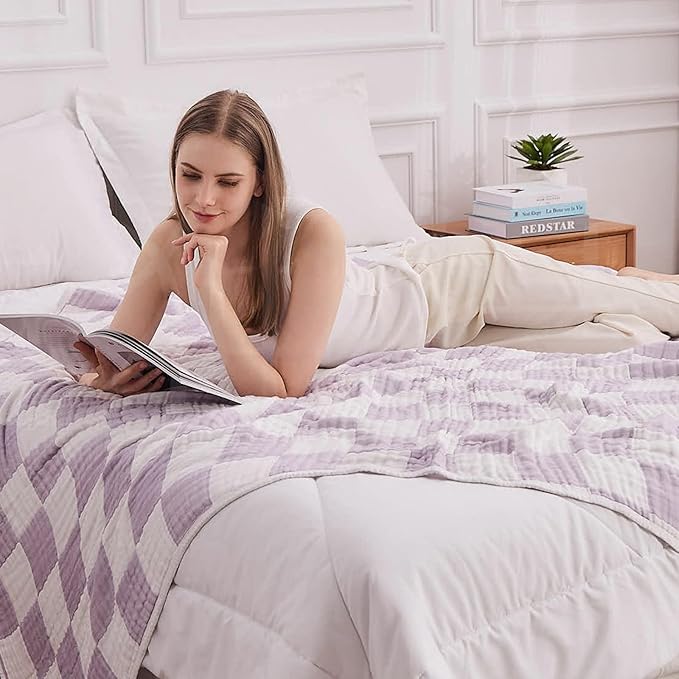EMME Checkered Cotton Blanket Twin Large 60"x80" 100% Muslin for Couch Breathable Cooling Gauze All Season Soft and Lightweight (Lavender)