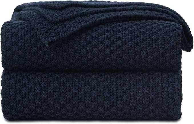 Longhui bedding Dark Navy Blue Knitted Throw Blanket for Couch, Soft, Cozy Machine Washable 100% Cotton Sofa Knit Blankets, Heavy 4.0lb Weight, 60 x 80 Inches, Dark Navy Blue Color.