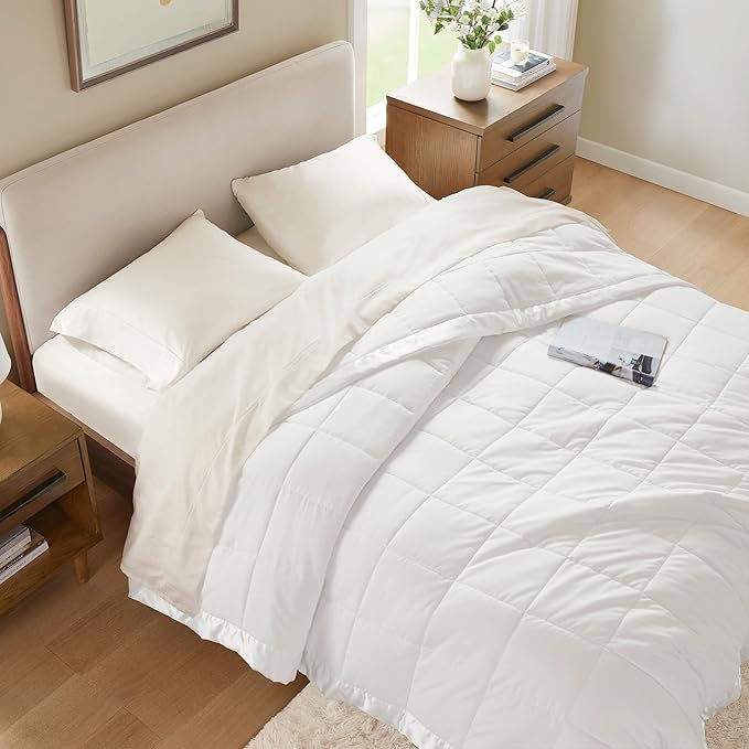 Madison Park Windom Down Alternative Blanket, Premium 3M Scotchgard Moisture Wicking Treatment, Lightweight and Soft Bed Cover For All Season, Satin Trim, White Twin