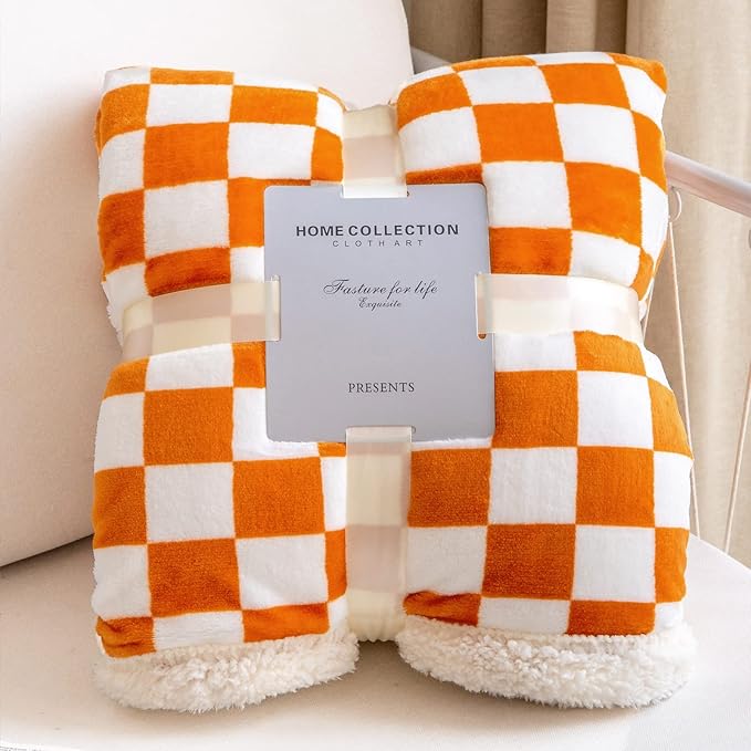 LOMAO Sherpa Throw Blanket Fleece Blanket with Checkered Pattern Soft Thick Blanket for Couch, Bed, Sofa Luxurious Warm and Cozy for All Seasons (Orange, 60"x80")