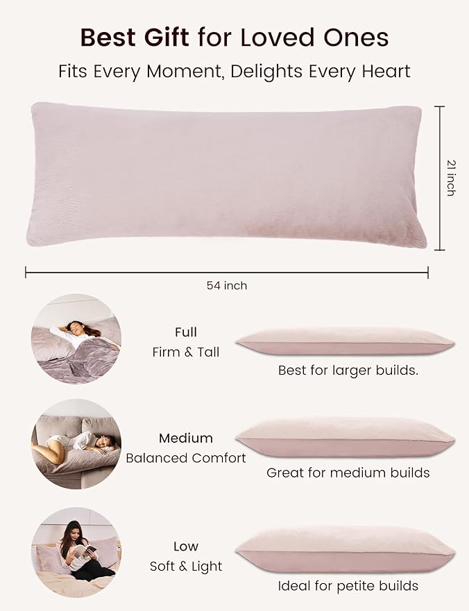 ZonLi Full Body Pillow, Soft & Fluffy Long Pillow for Side Sleepers, Pregnant Women & Back Support, Adjustable Memory Foam with Removable Washable Cover (Lavender Pink, 20” x 54”)
