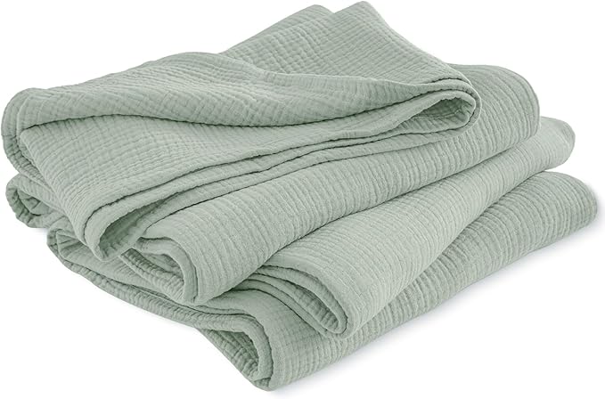 PHF 100% Cotton Muslin Blanket Queen Size 90" x 90", 4-Layer Lightweight and Breathable Blanket for Summer, Luxuriously Soft Gauze Bedding for Bed, Natural Minimalism Style, Ideal Gift, Sage Green