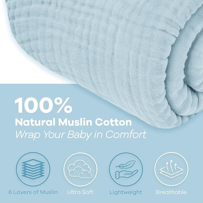 Comfy Cubs Muslin Blanket for Adults Queen 90" x 90" - 6 Layer Soft, Breathable & Lightweight Muslin Adult Blanket - Machine Washable & Designed in The US Bedding for All Seasons - Sky Blue