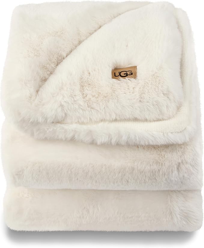 UGG Euphoria Plush Faux Fur Throw Blanket Medium Weight Reversible Luxury Soft Throw for Couch Bed or Chair Hypoallergenic Machine Washable Home Decor Fluffy Blanket, 50-inch x 70-inch, White Snow