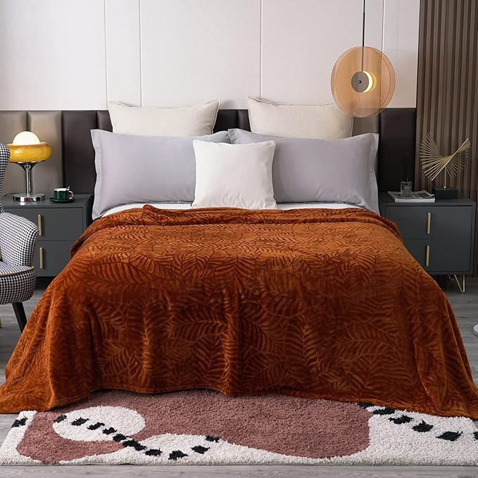 SOCHOW Super Soft Flannel Fleece Fall Throw Blanket, Lightweight Cozy Warm Leaves Textured Plush Blanket for Bed Couch Sofa, 60 x 80 Inches, Caramel